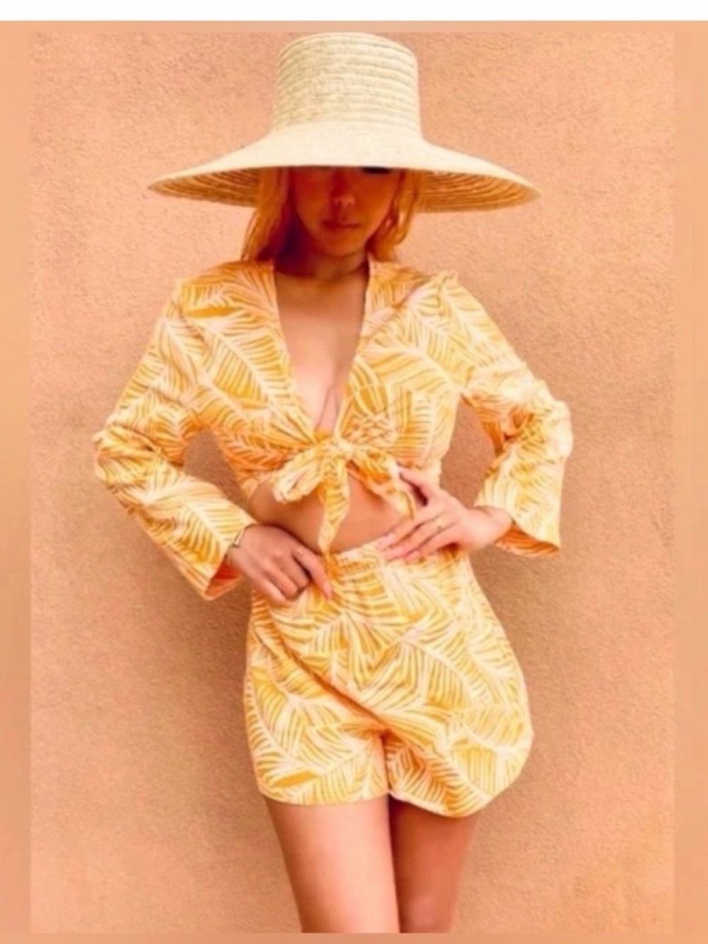 Shade & Shore Yellow Palm-Print Tie-Front Swim Cover-Up Set